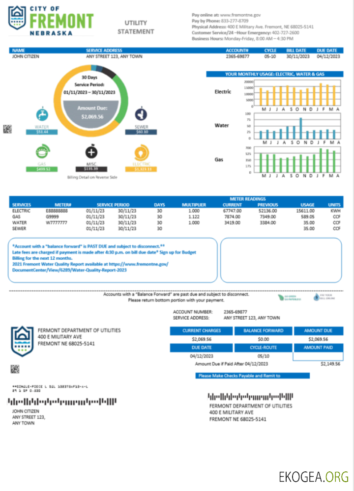 USA City of Fremont Nebraska utility bill Word and PDF template